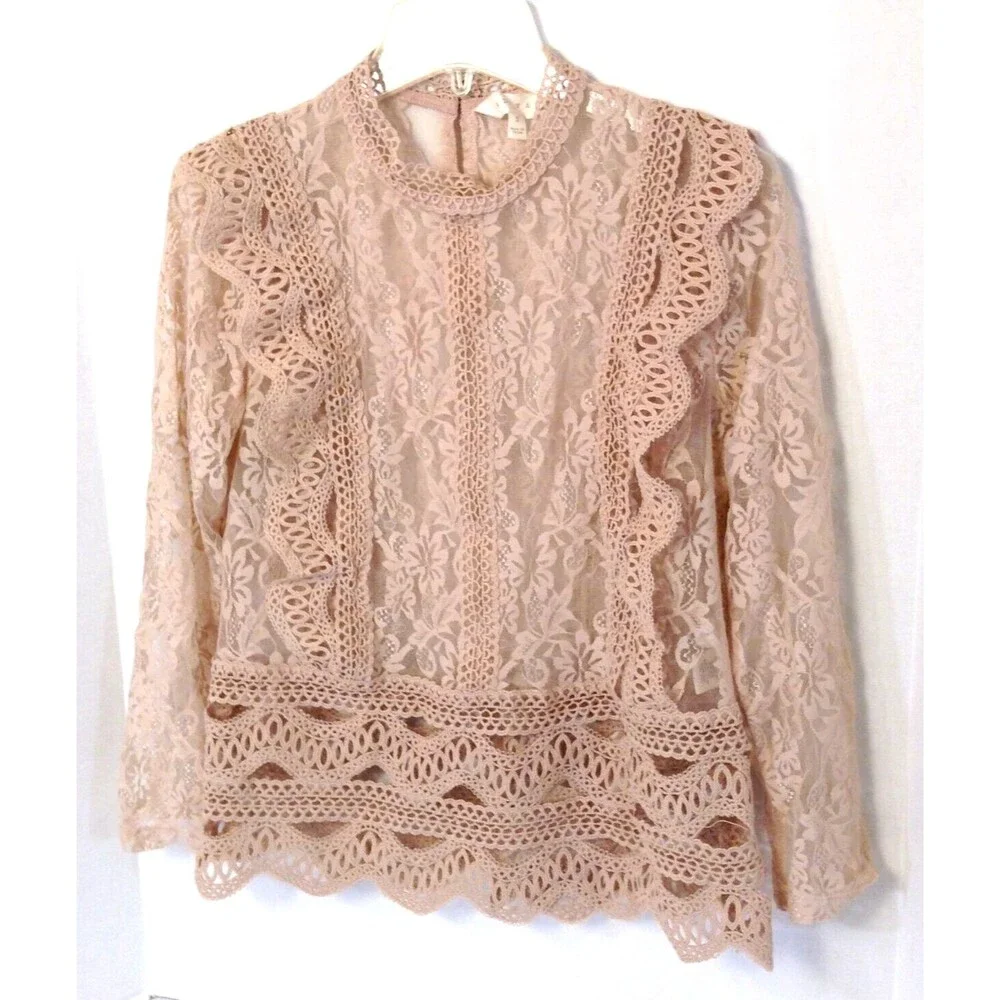 Crochet Lace Embroidered Top Wn S Beige Long Sleeve Blouse Sheer Fairy Boho Y2K